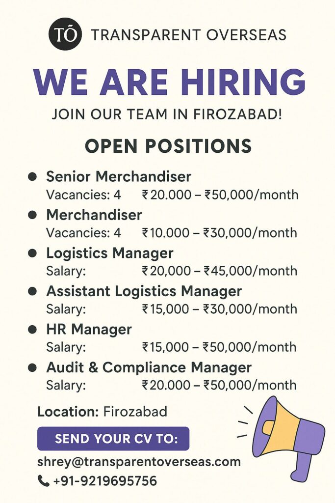 Firozabad Jobs: Transparent Overseas Requires Employees for various Jobs 3 Firozabad Jobs, Manager Jobs, Supervisor Jobs JOIN OUR TEAM IN FIROZABAD!